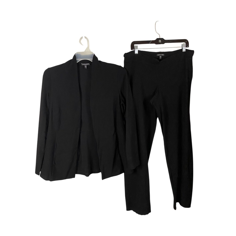 Eileen Fisher Black 2 Piece Set Open Ponte Jacket Stretch Crepe Pants Sz Medium